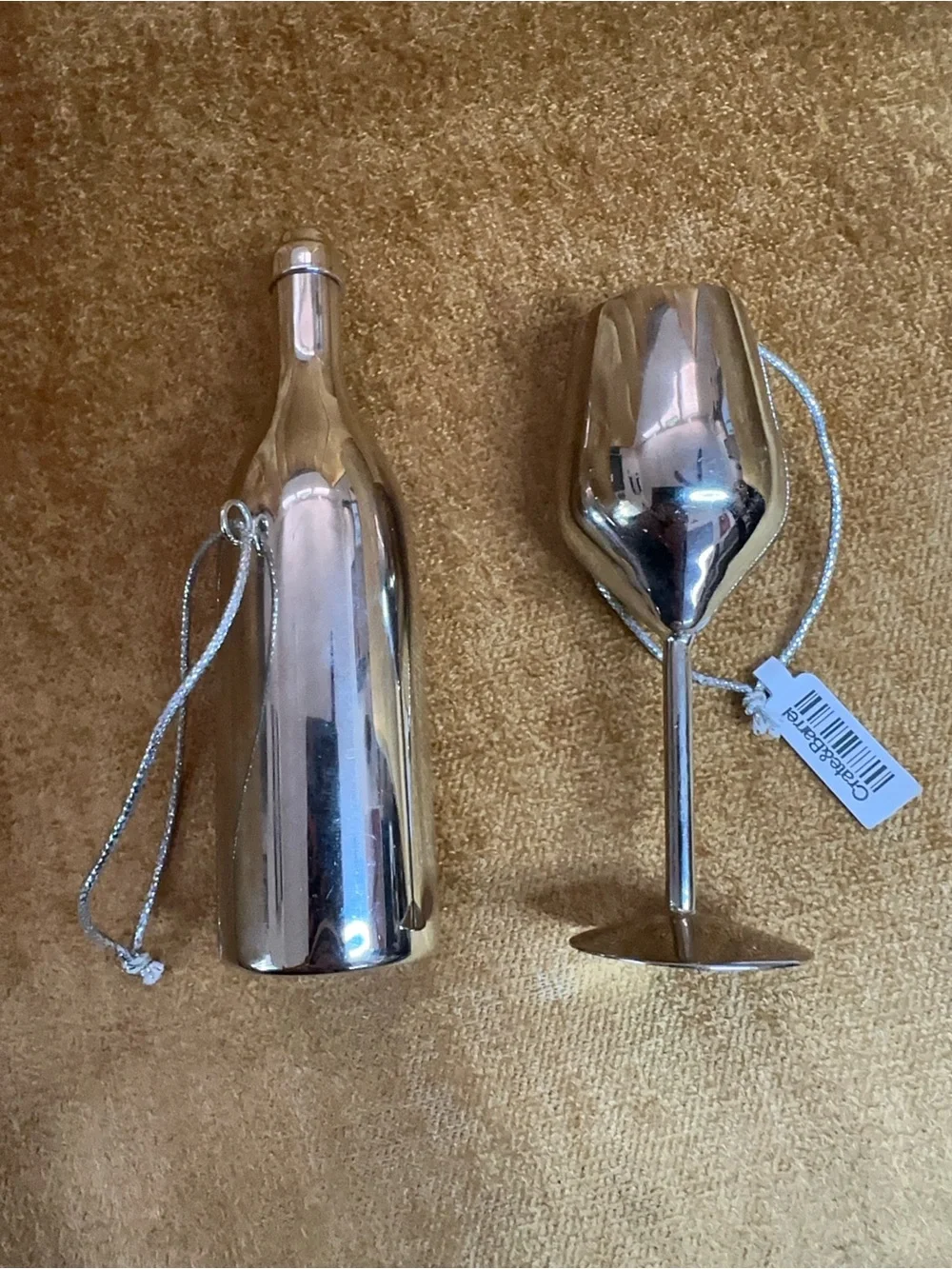 Crate&Barrel Silver Metallic Wine Bottle and Goblet Glass Ornaments